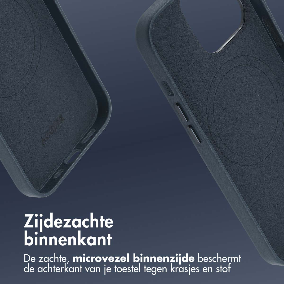 Une coque de téléphone bleu marine et des détails de la coque. L'étui a un intérieur en microfibre douce. Texte : Intérieur doux.