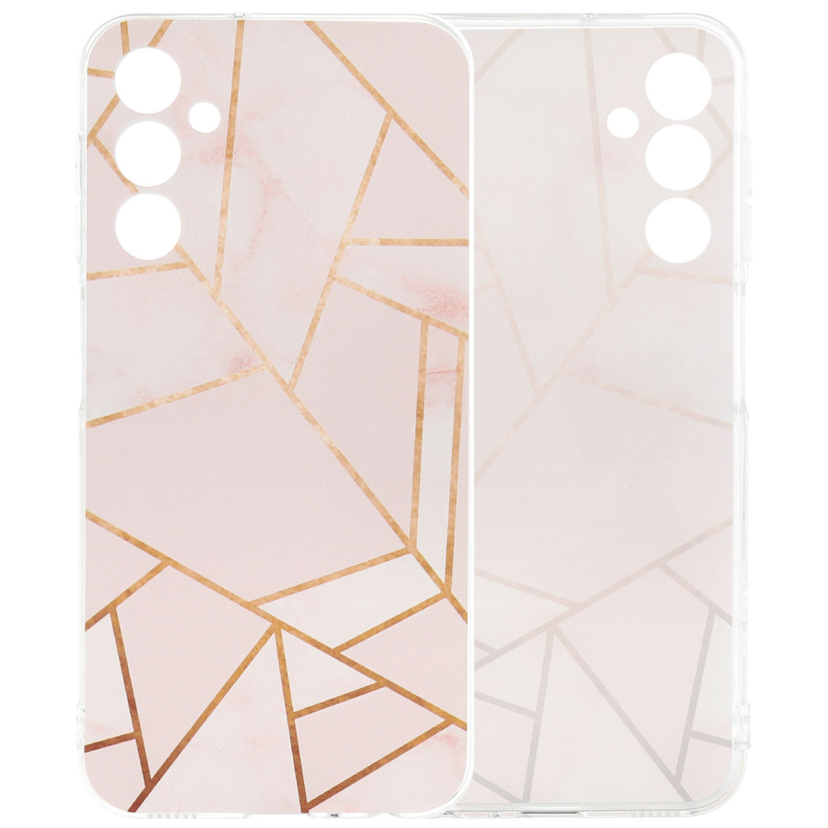 Coque de téléphone rose avec un design géométrique. Fond blanc.