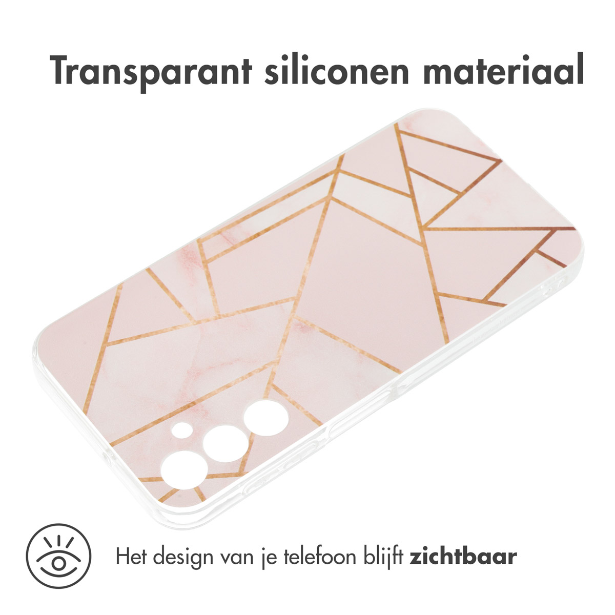 Une coque de téléphone transparente avec un motif géométrique rose et doré. Texte : Matériau en silicone transparent.