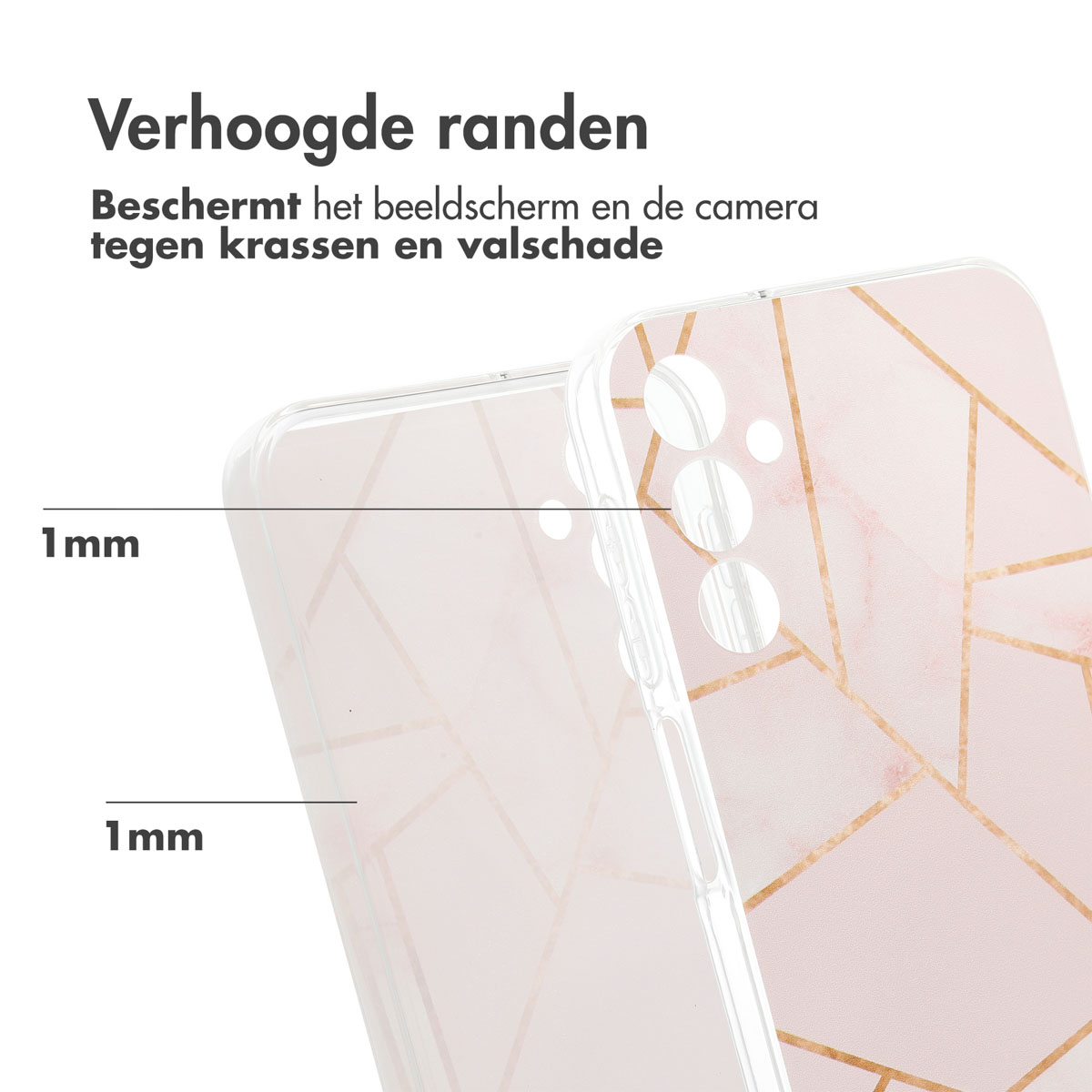 Coque de téléphone avec un design en marbre rose, montrant des bords surélevés. Texte : '1 mm'.