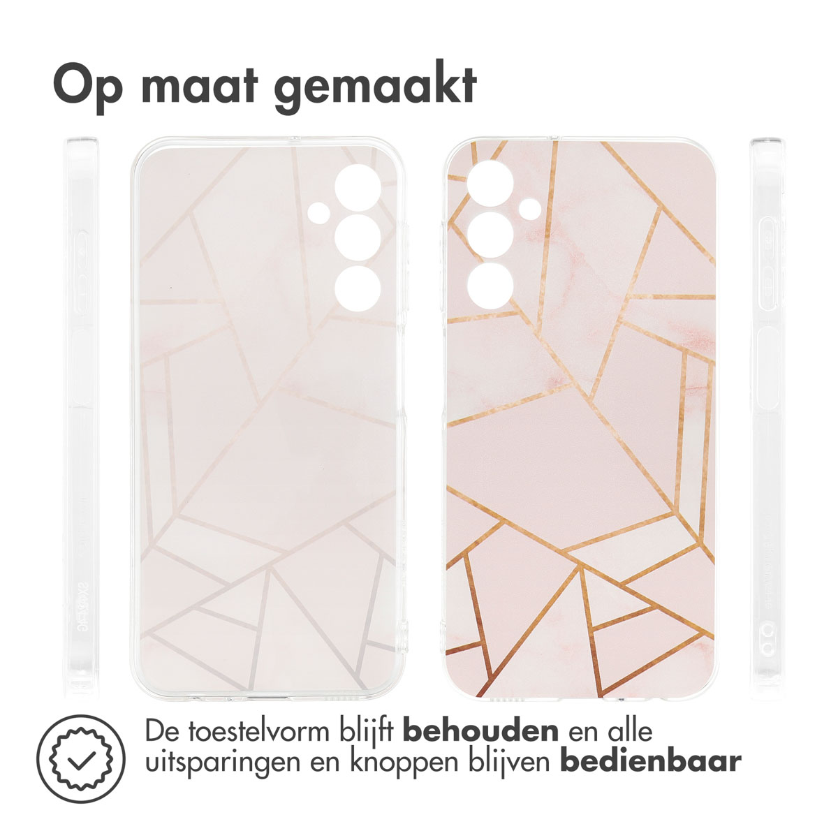 Téléphone avec un design rose et or. La coque est rose avec des formes géométriques dorées.