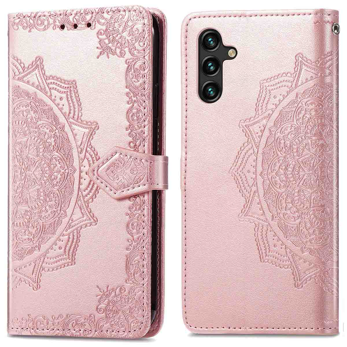 Roze telefoonhoesje met een bloemmotief. De telefoon zit in de hoes.