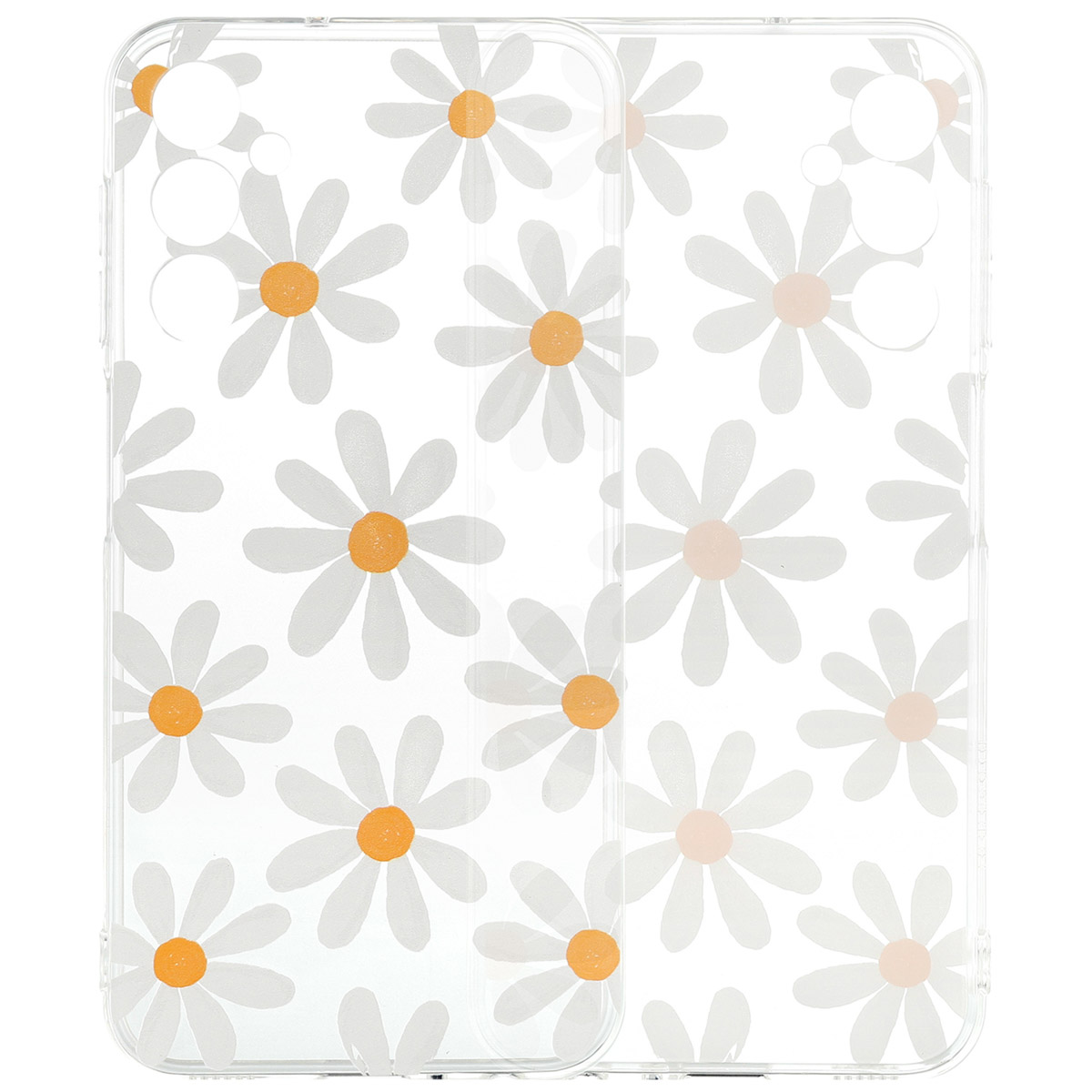 Une coque de téléphone transparente avec des fleurs de marguerite blanches. La coque est sur un téléphone avec plusieurs caméras.
