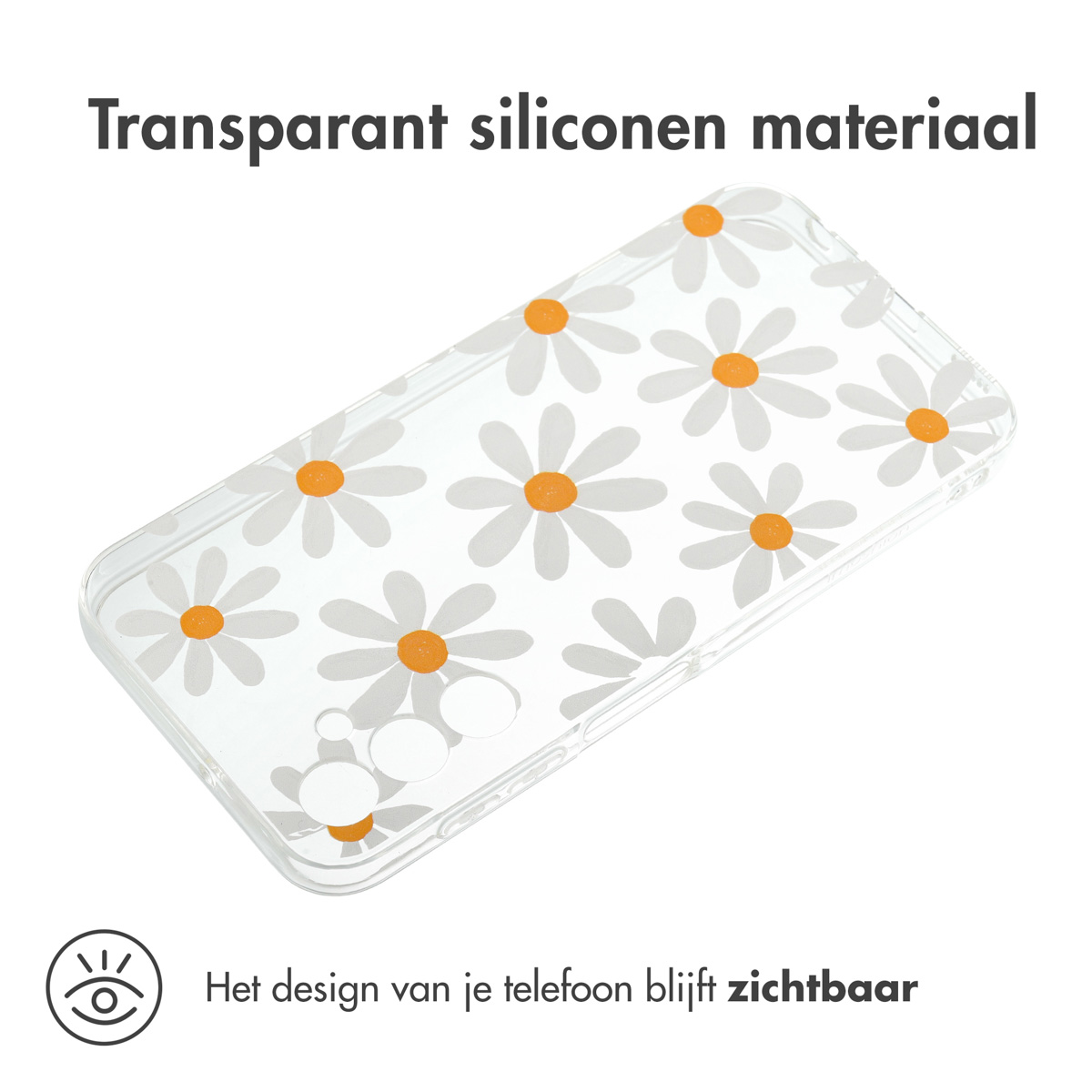 Coque transparente pour téléphone avec motif de marguerites blanches et centres oranges. Le design du téléphone reste visible.