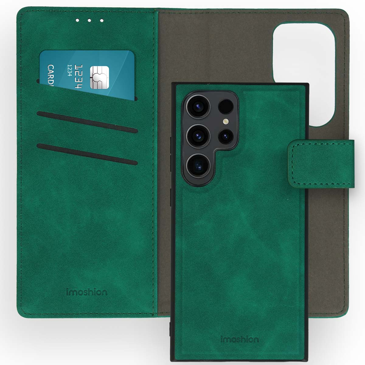 Groene telefoonhoes met kaartsleuf. Open hoes. Donkergrijs interieur.