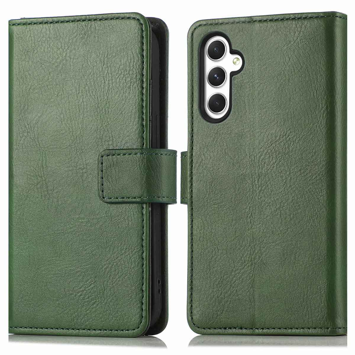 Étui de téléphone en cuir vert, ouvert. L'étui a une fente pour carte et contient un téléphone.