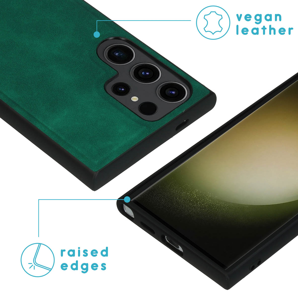 Groene telefoonhoes met verhoogde randen, en een telefoon is zichtbaar. Witte achtergrond.