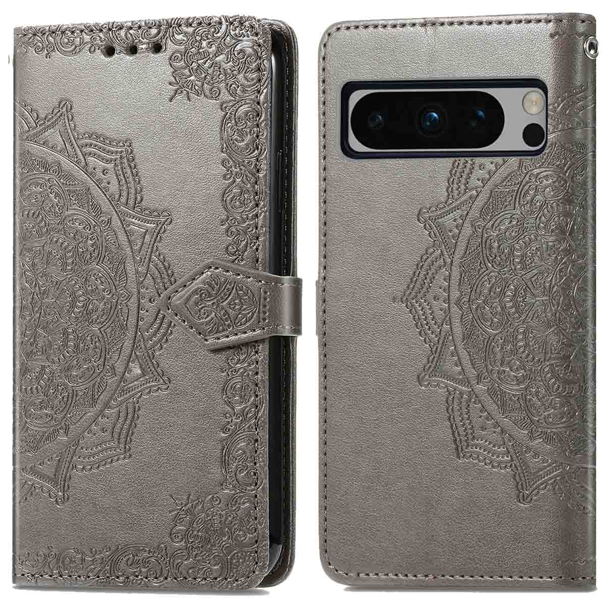 Tweedelige telefoonhoes in grijs met mandala-ontwerp, met telefoon en hoes.