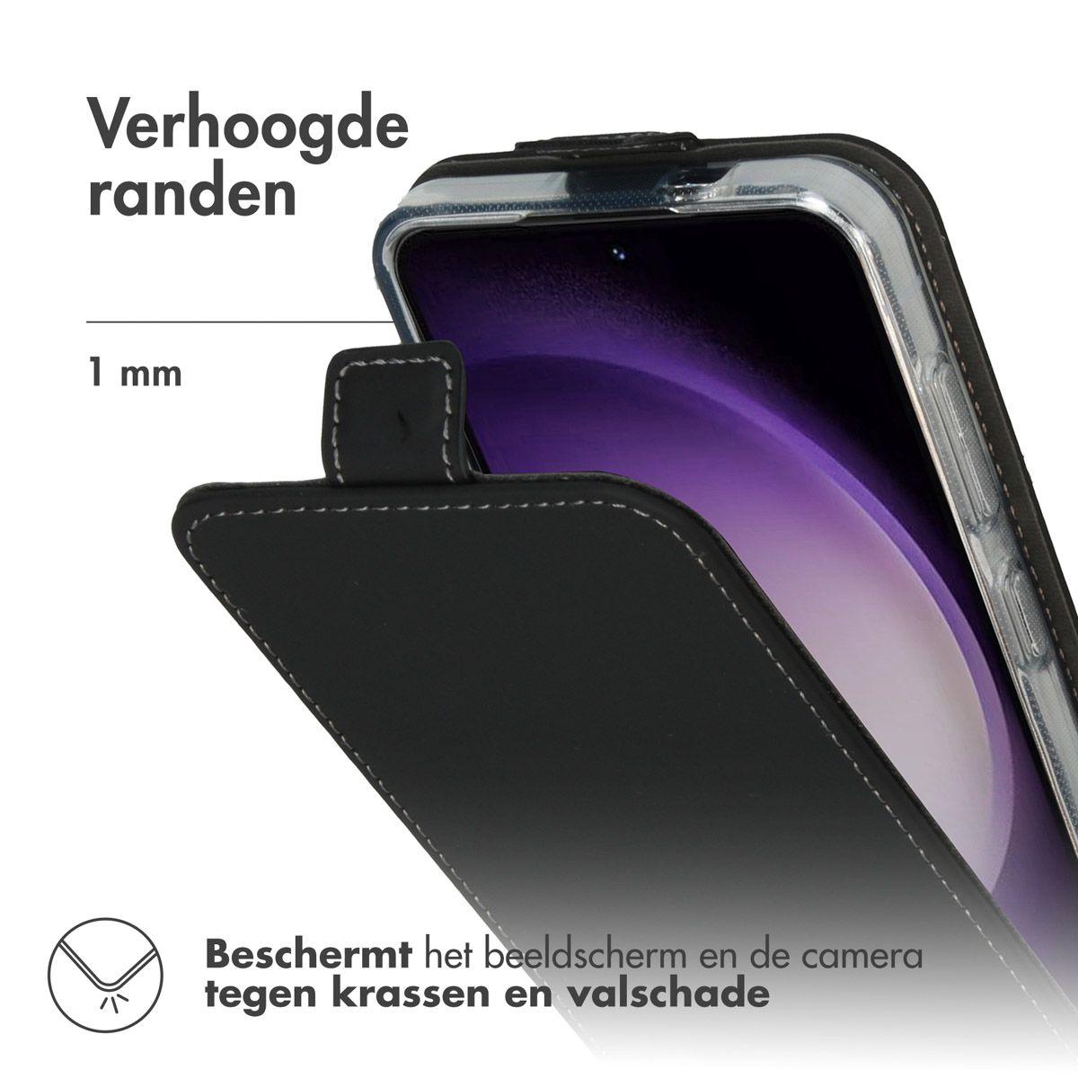Coque noire avec téléphone. Bords surélevés protègent l'écran et la caméra.