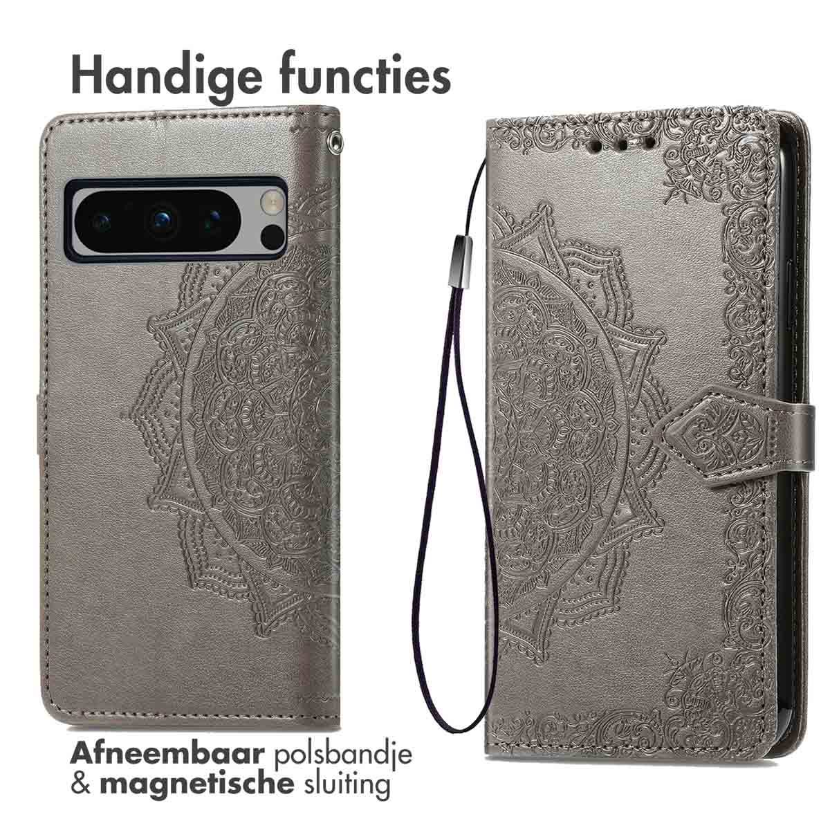 Zilveren telefoonhoes portemonnee met bandje en patroon.