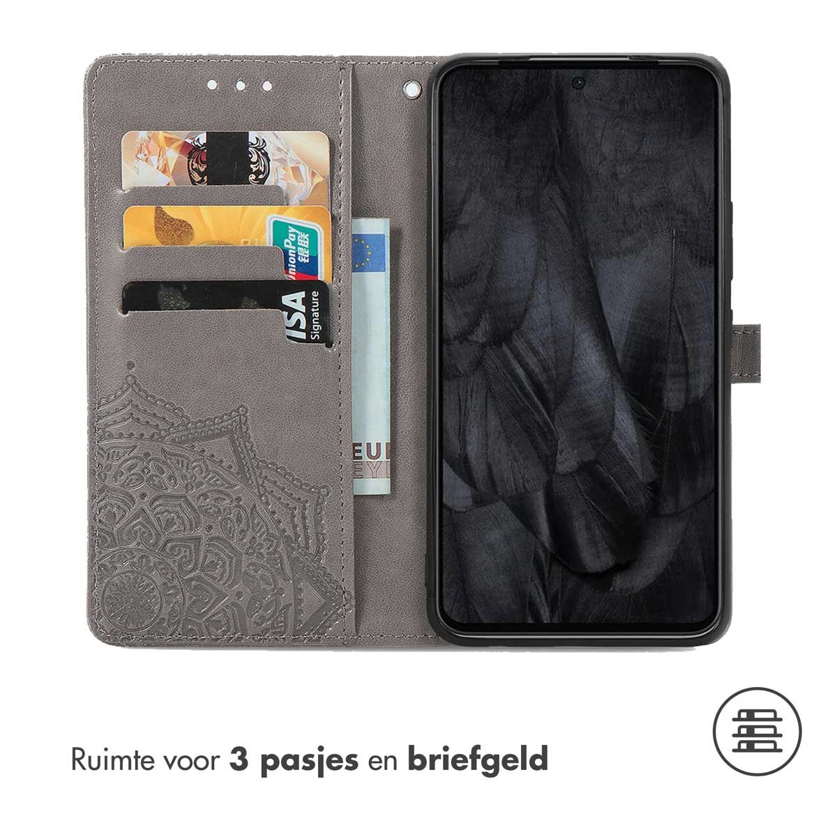 Een grijze portemonnee telefoonhoes met kaarten en geld erin. Tekst: 'Ruimte voor 3 pasjes en briefgeld'.