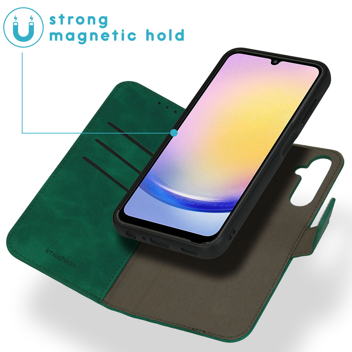 Donkergroene telefoonhoes met magnetische sluiting. De hoes is open, de telefoon is zichtbaar.