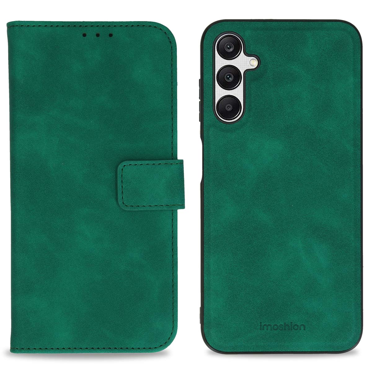 Groene telefoonhoes open om telefoon te laten zien. Een bijpassende hoes zit rechts.
