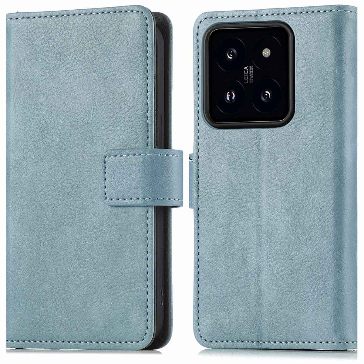 Étui de téléphone en cuir bleu clair, ouvert montrant un téléphone. Il a une fermeture à fermoir.