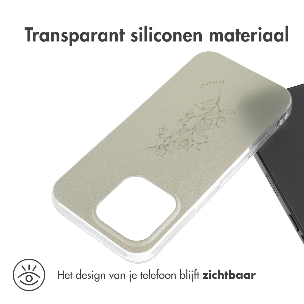 Transparante telefoonhoes met bloemenontwerp. Tekst zegt 'Transparant siliconen materiaal', ontwerp blijft zichtbaar.