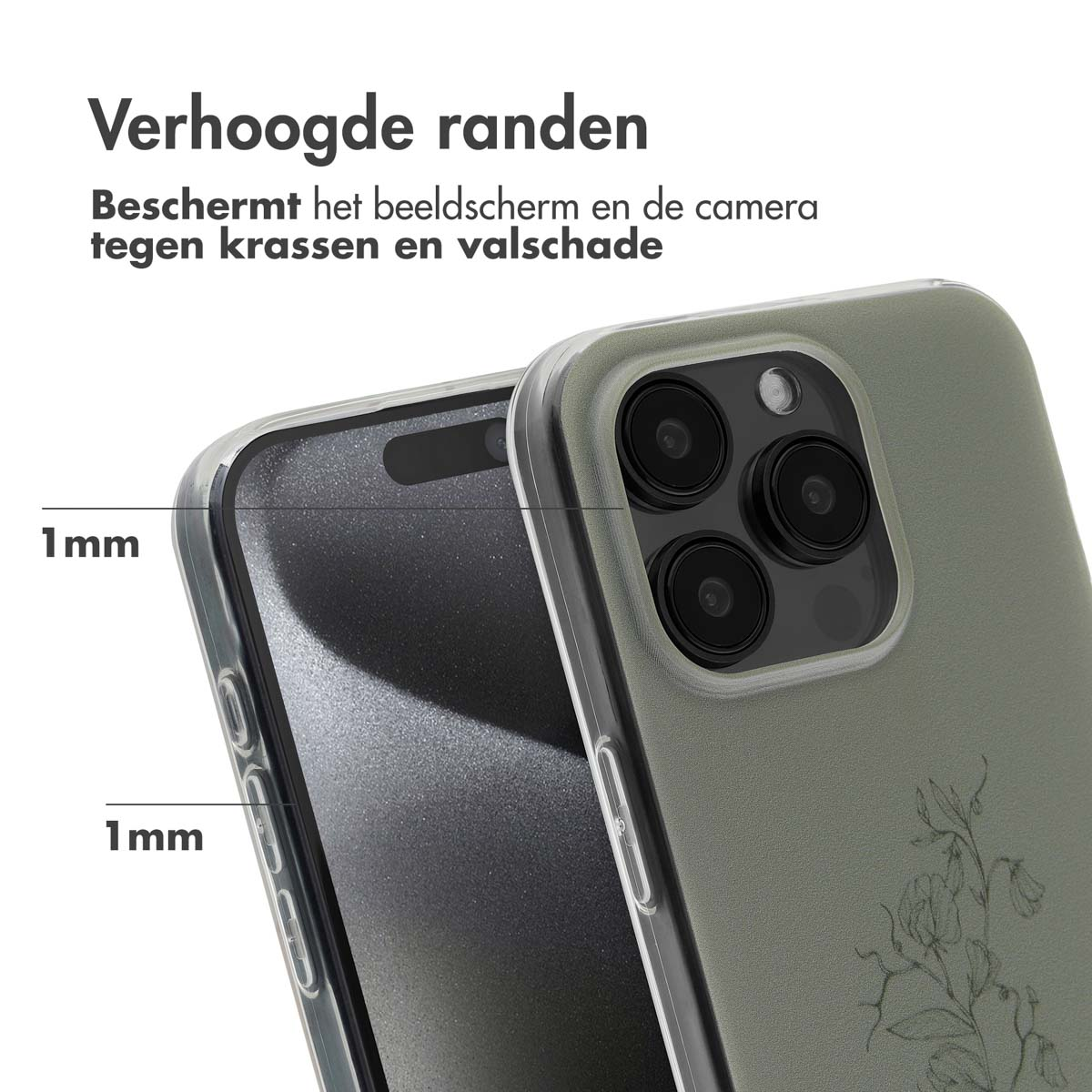 Close-up van telefoonhoesje dat scherm en camera beschermt. Verhoogde randen beschermen tegen krassen en schade.