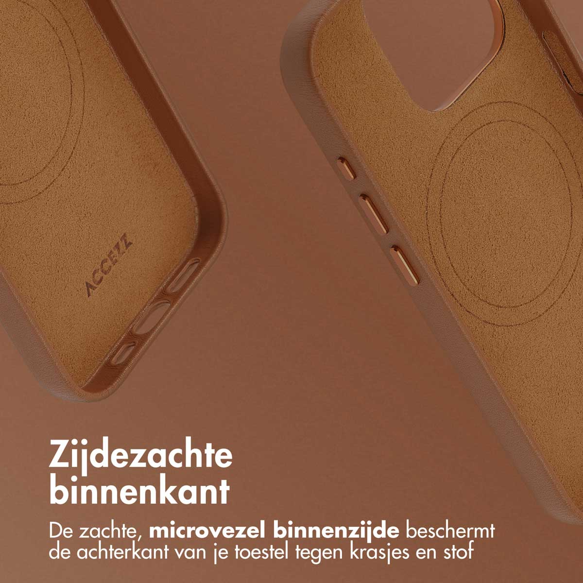 Nahaufnahme des Inneren einer braunen Handyhülle. Glatte, weiche Mikrofaseroberfläche sichtbar.