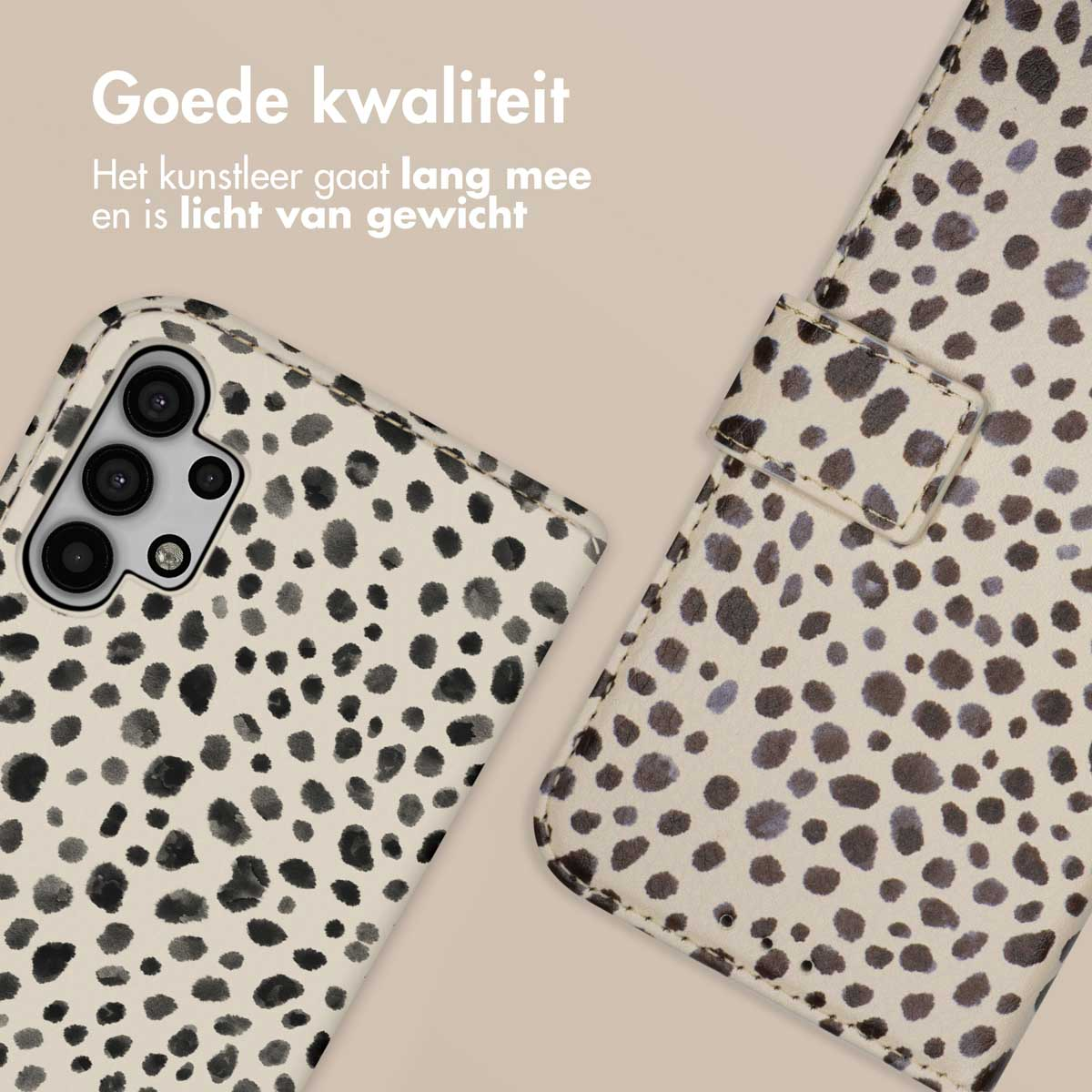 Een telefoonhoesje met een zwart-wit stippenpatroon. De hoes is gemaakt van kunstleer van goede kwaliteit.
