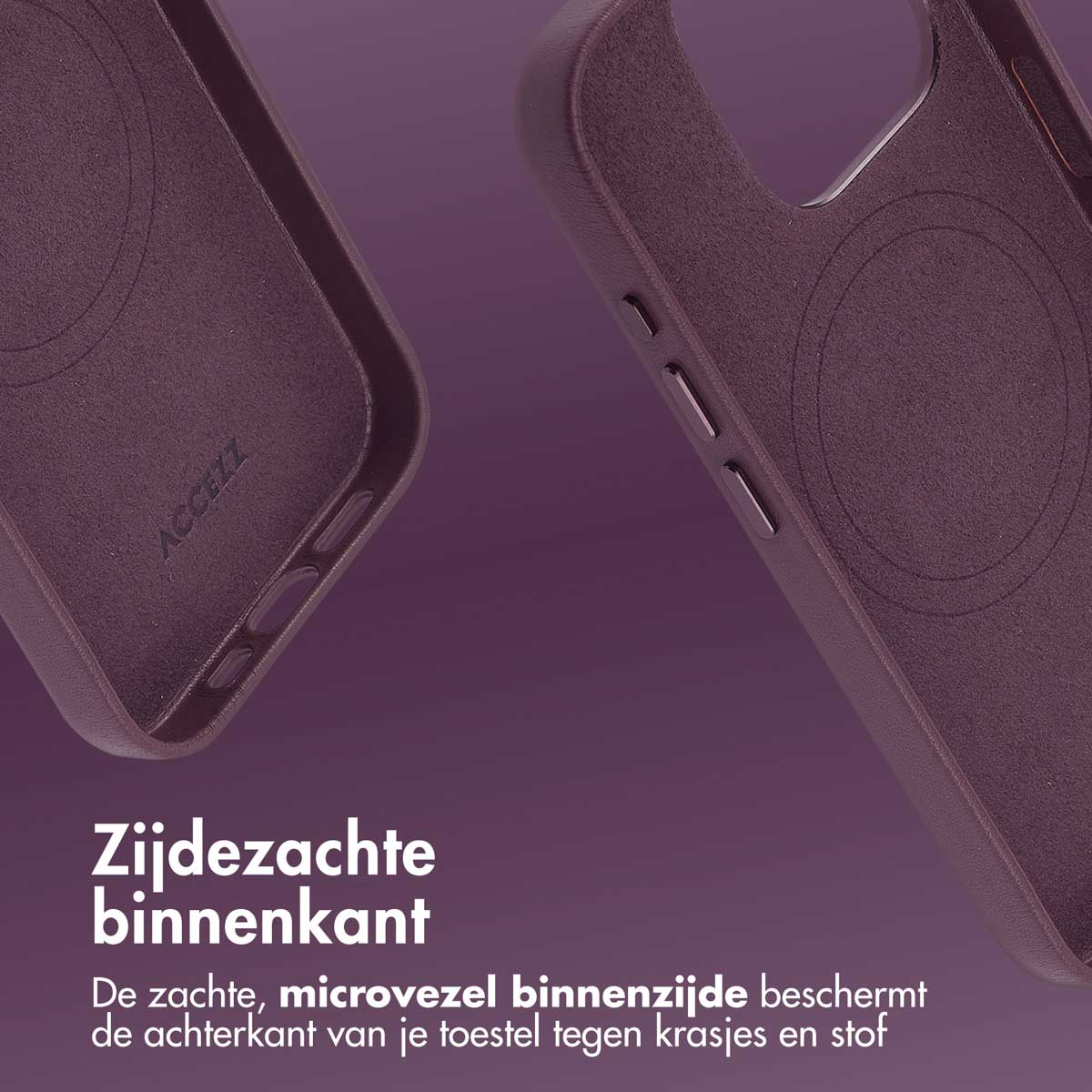 Lila Handyhülle mit weichem Innenfutter. Text: 'Zijdezachte binnenkant'.