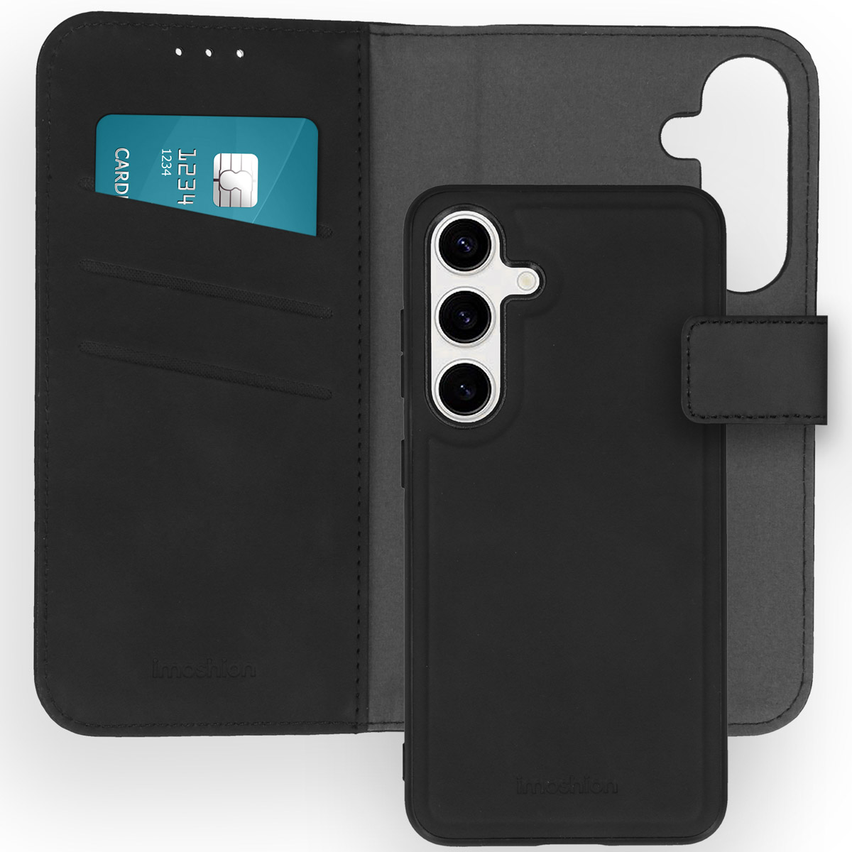 Étui de téléphone en cuir noir avec une carte et de l'argent à l'intérieur. L'étui est ouvert.