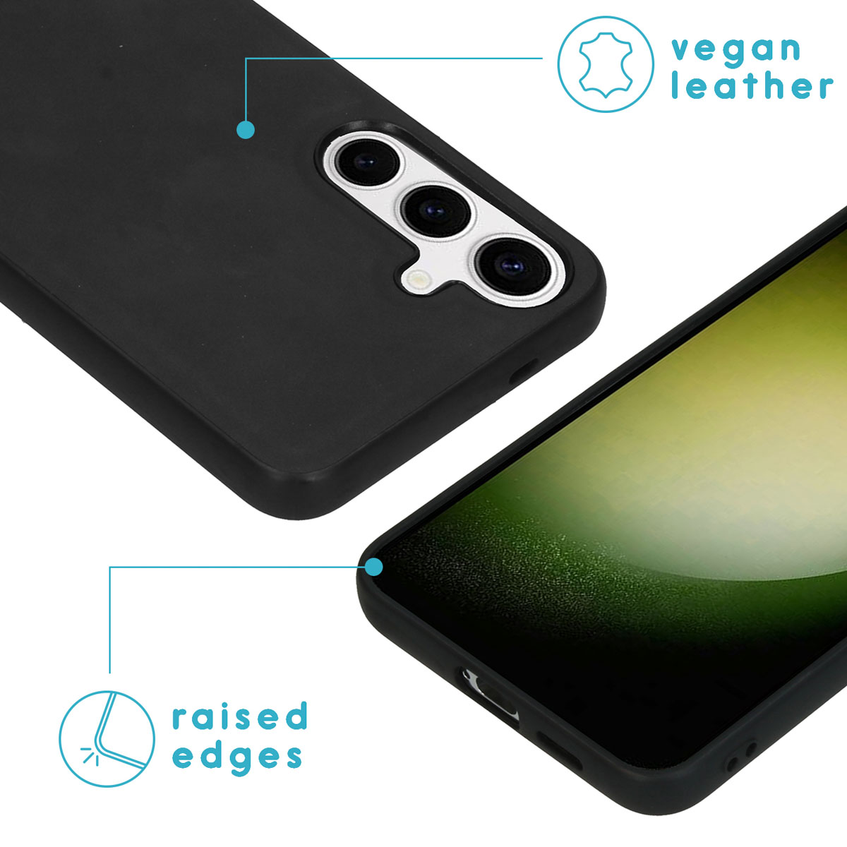 Coque de téléphone noire avec cuir végétal et bords surélevés. Téléphone et appareil photo montrés.