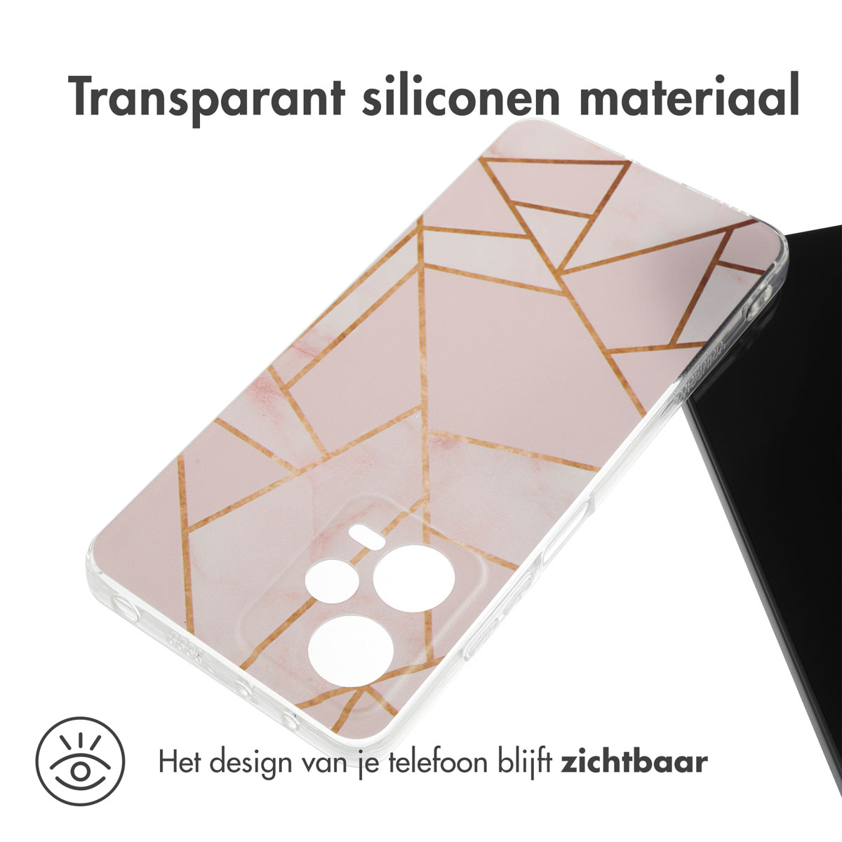 Telefoonhoesje met een geometrisch patroon, toont een telefoon. De hoes is transparant.