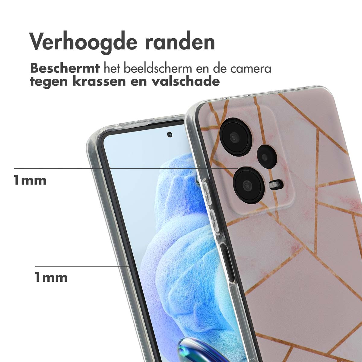 Close-up van telefoonhoesje dat scherm en camera beschermt. Verhoogde randen beschermen tegen krassen en schade.