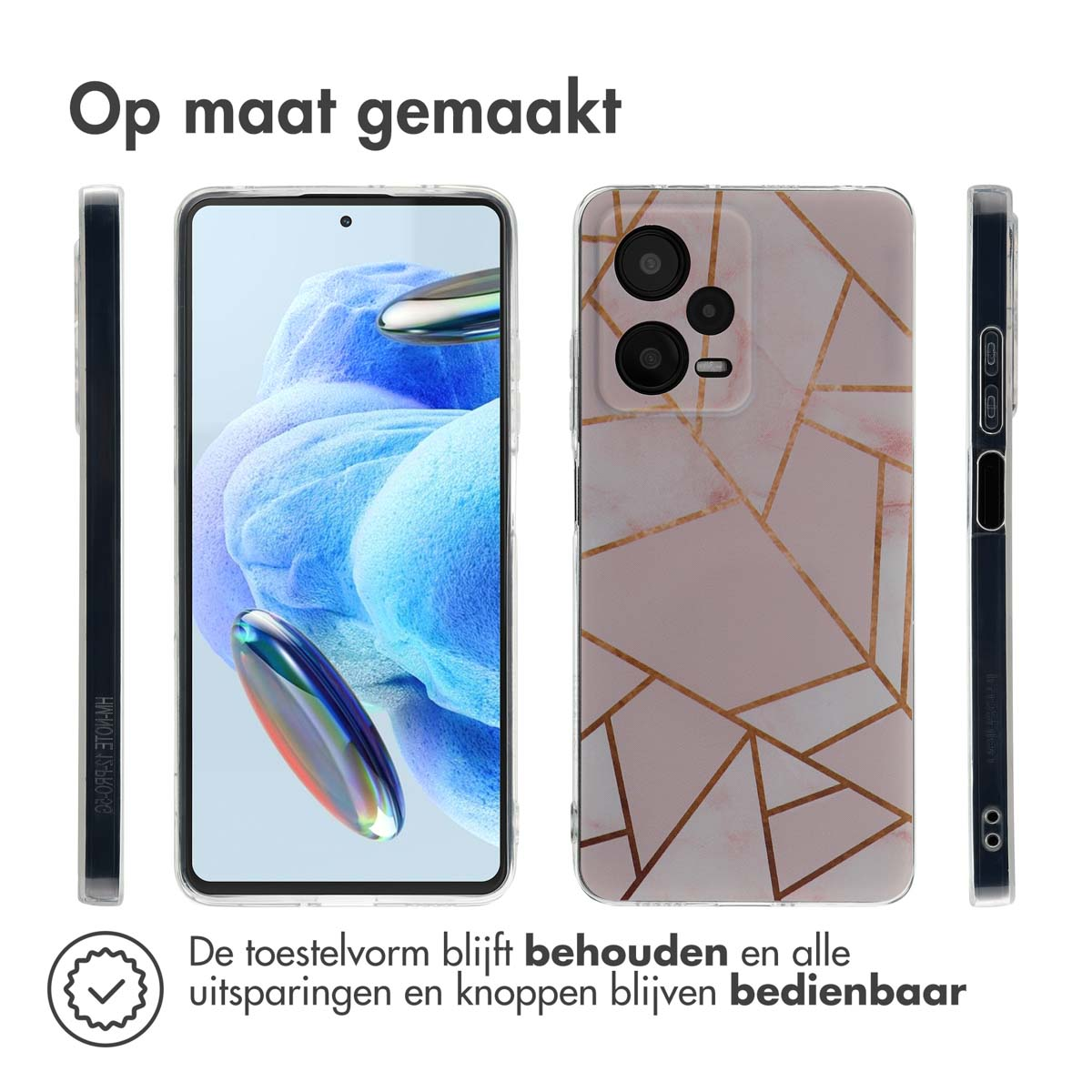 Telefoonhoesje met roze en goud geometrisch ontwerp, telefoonscherm zichtbaar.