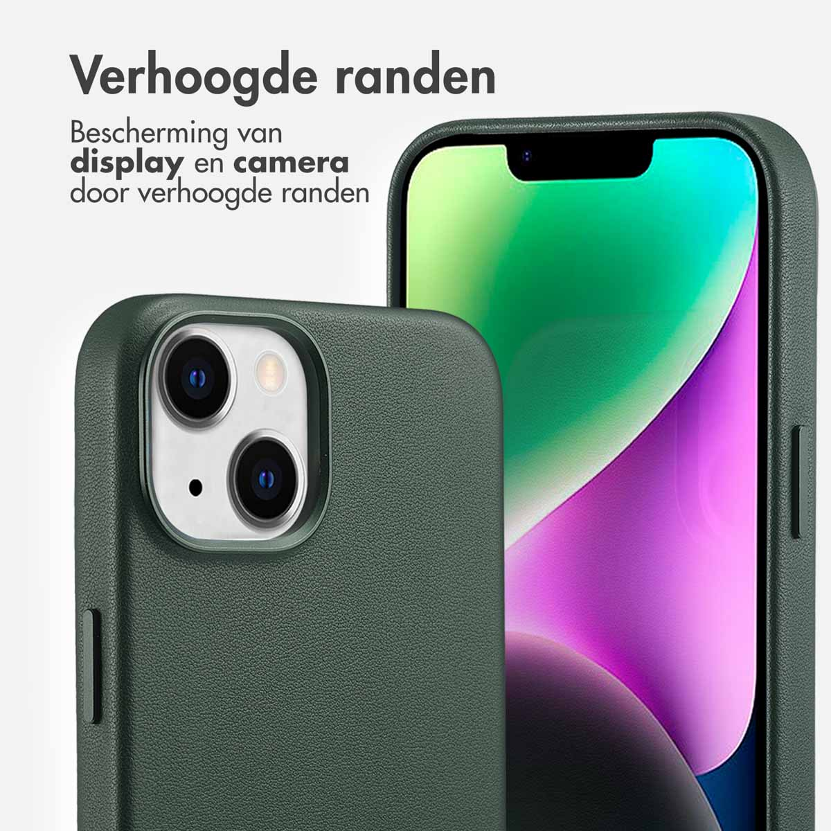 Groene telefoonhoes met telefoon. Verhoogde randen beschermen scherm en camera.