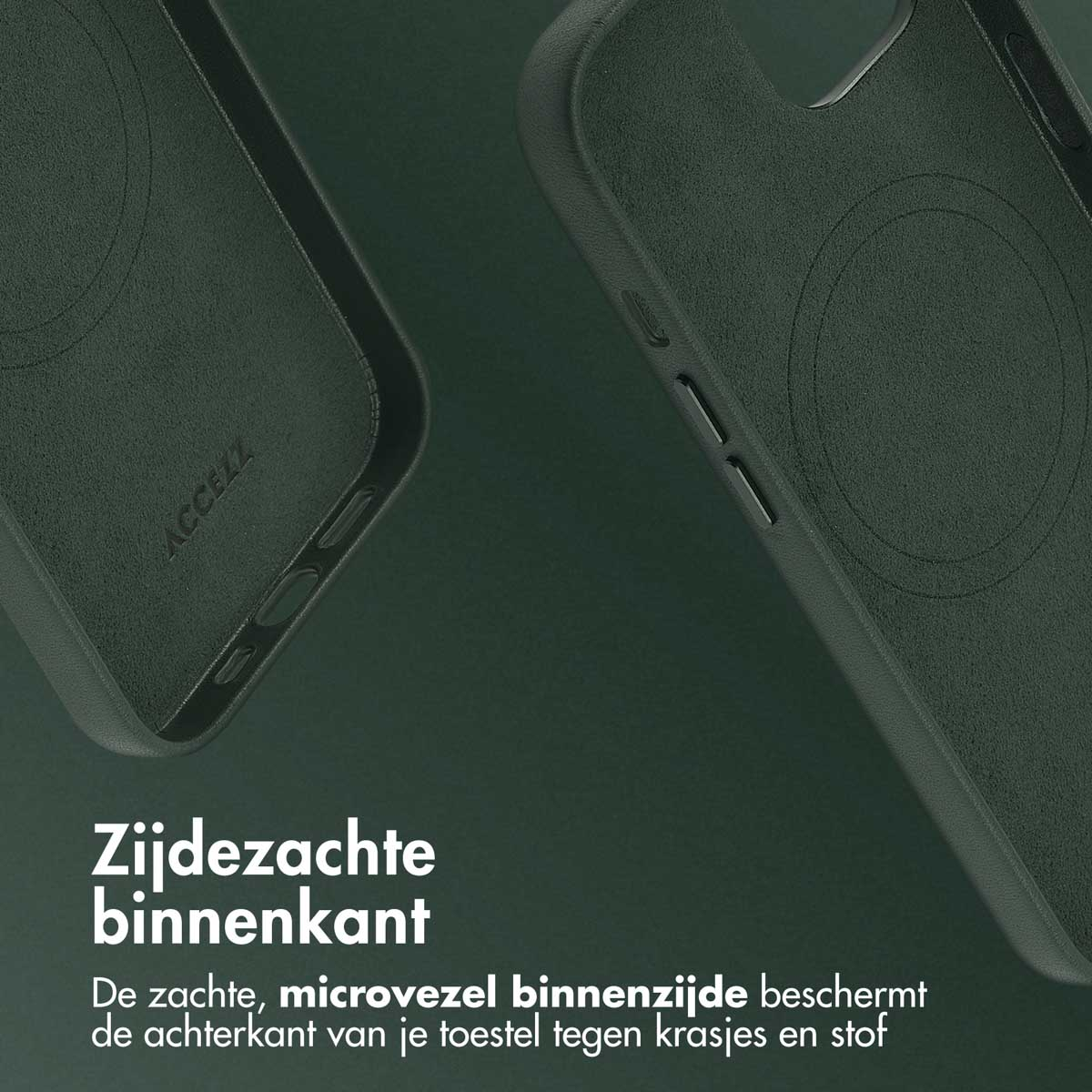 Groene telefoonhoes binnen met telefoon. Tekst luidt: Zachte binnenkant beschermt de achterkant tegen krassen.