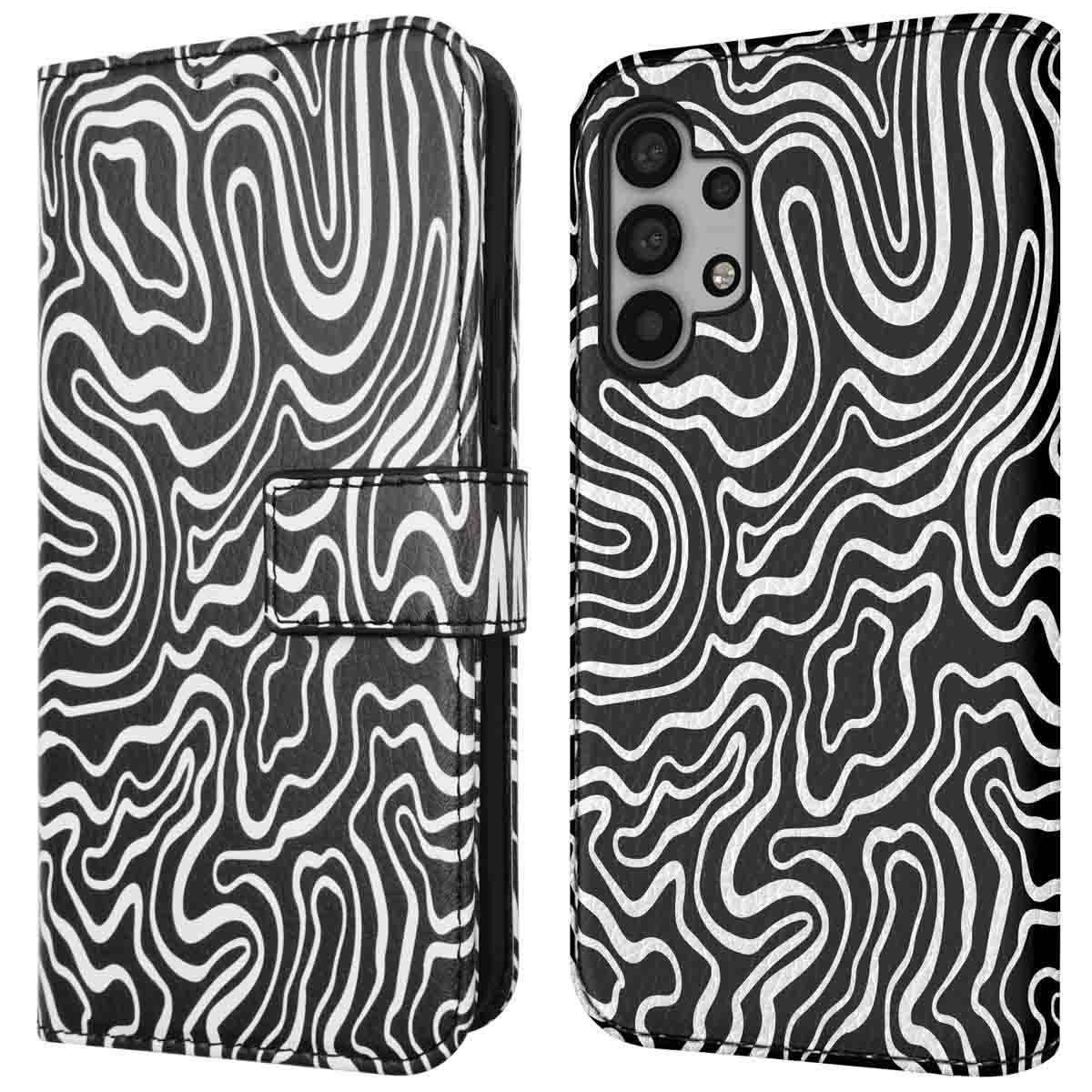 Zwart-wit patroon telefoonhoesje, links en rechts open. Zebra-achtig patroon.