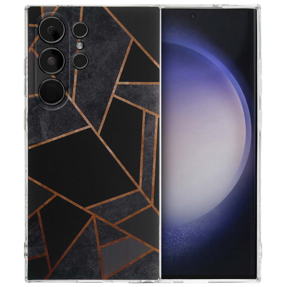 Telefoonhoes met een zwart en goud geometrisch ontwerp. Het scherm van de telefoon is zichtbaar.