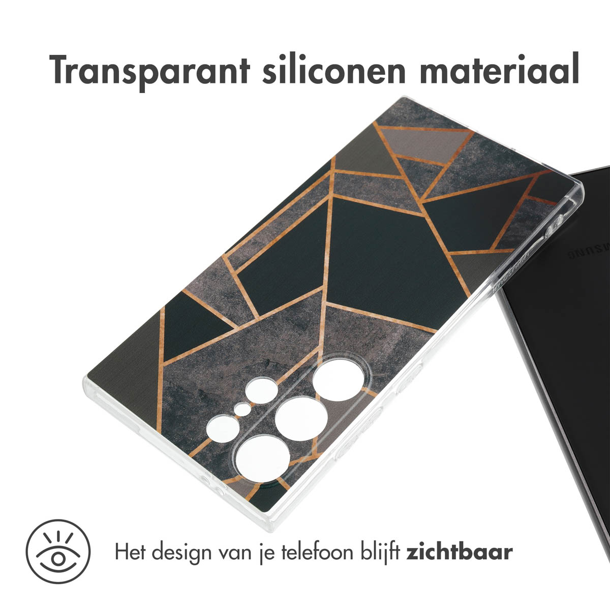 Transparante telefoonhoes met zwart en goud geometrisch design. Telefoon gedeeltelijk zichtbaar.