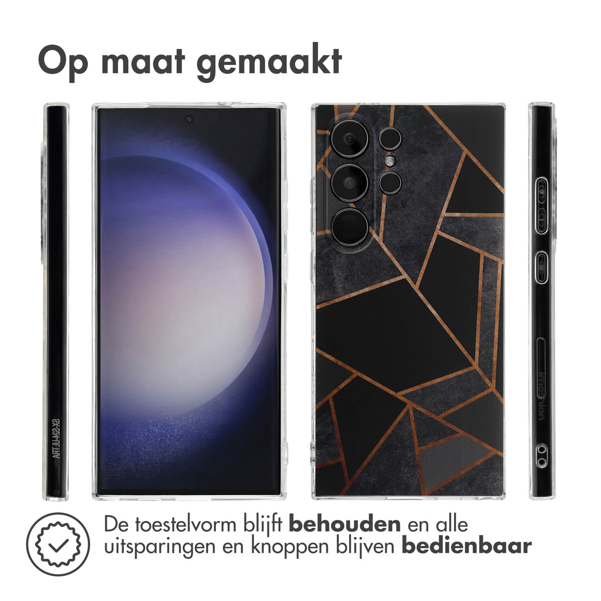 Telefoonhoesje met geometrisch ontwerp en telefoon. De hoes is zwart en goud.