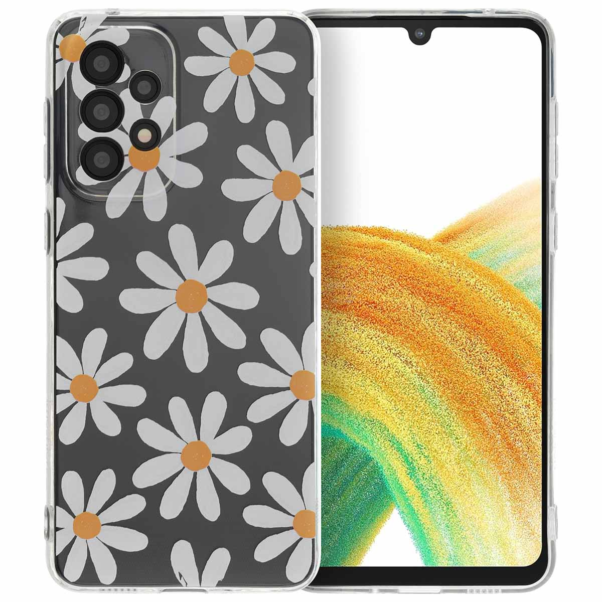 Coque de téléphone avec des marguerites. Le téléphone est à l'intérieur de la coque. La coque est transparente.