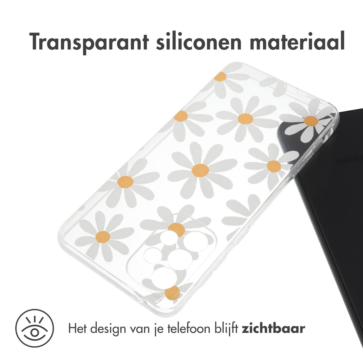 Coque transparente avec marguerites blanches et centres jaunes. Téléphone noir partiellement visible.