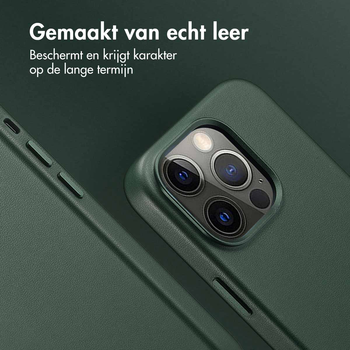 Gros plan d'une coque de téléphone vert foncé sur un téléphone. Objectifs de l'appareil photo et côtés de la coque visibles.