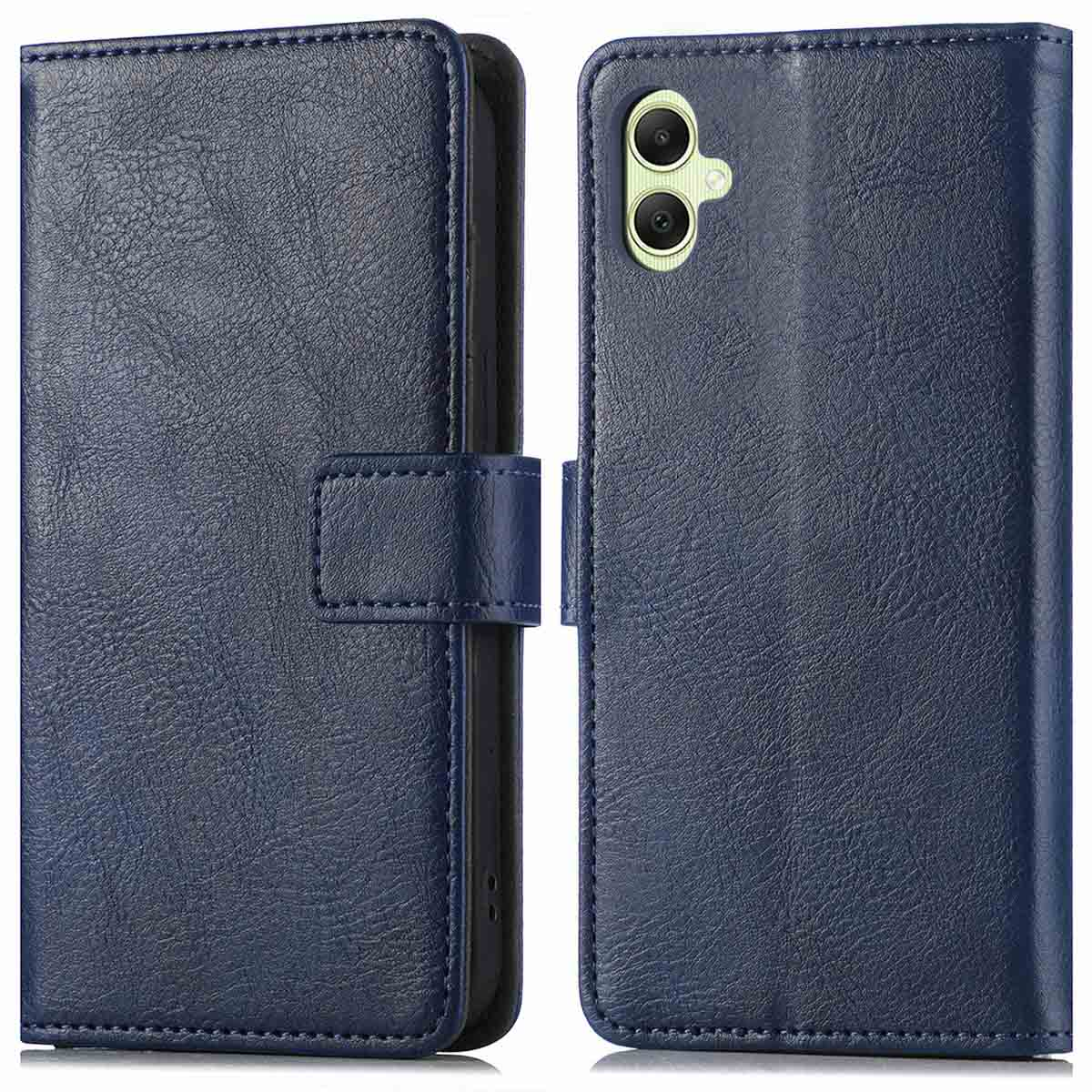 Coque de téléphone bleue. L'étui ouvert montre le téléphone et la caméra arrière.