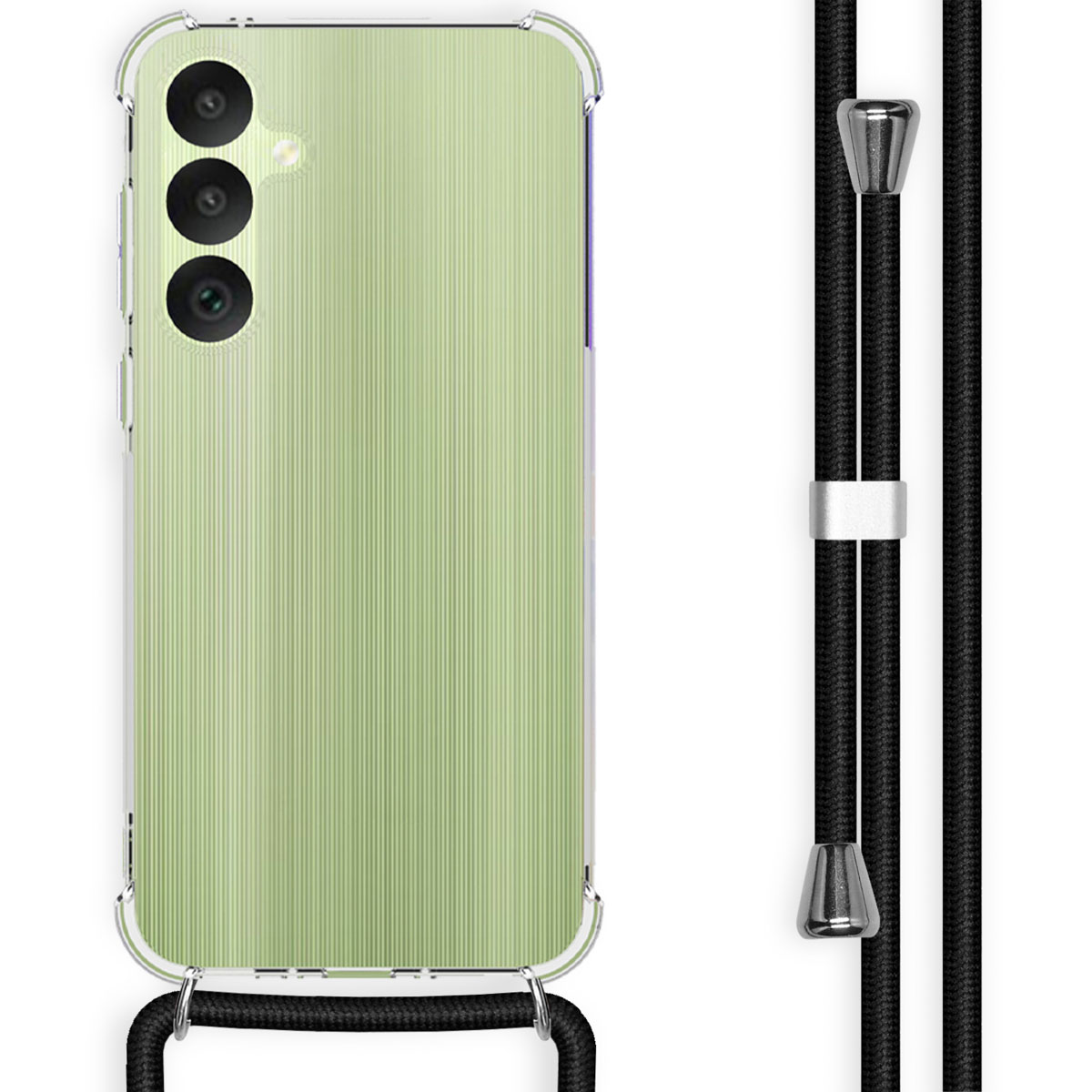 Telefono con custodia a righe verdi e cordino nero. Cordino nero con clip argentate.