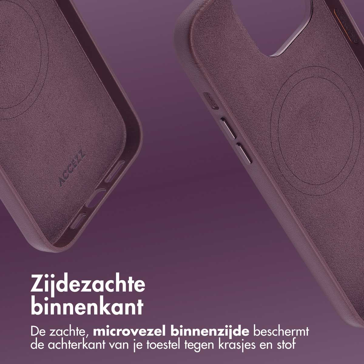 Twee paarse telefoonhoesjes. Eén open, met de binnenkant. De andere gesloten, met knoppen.