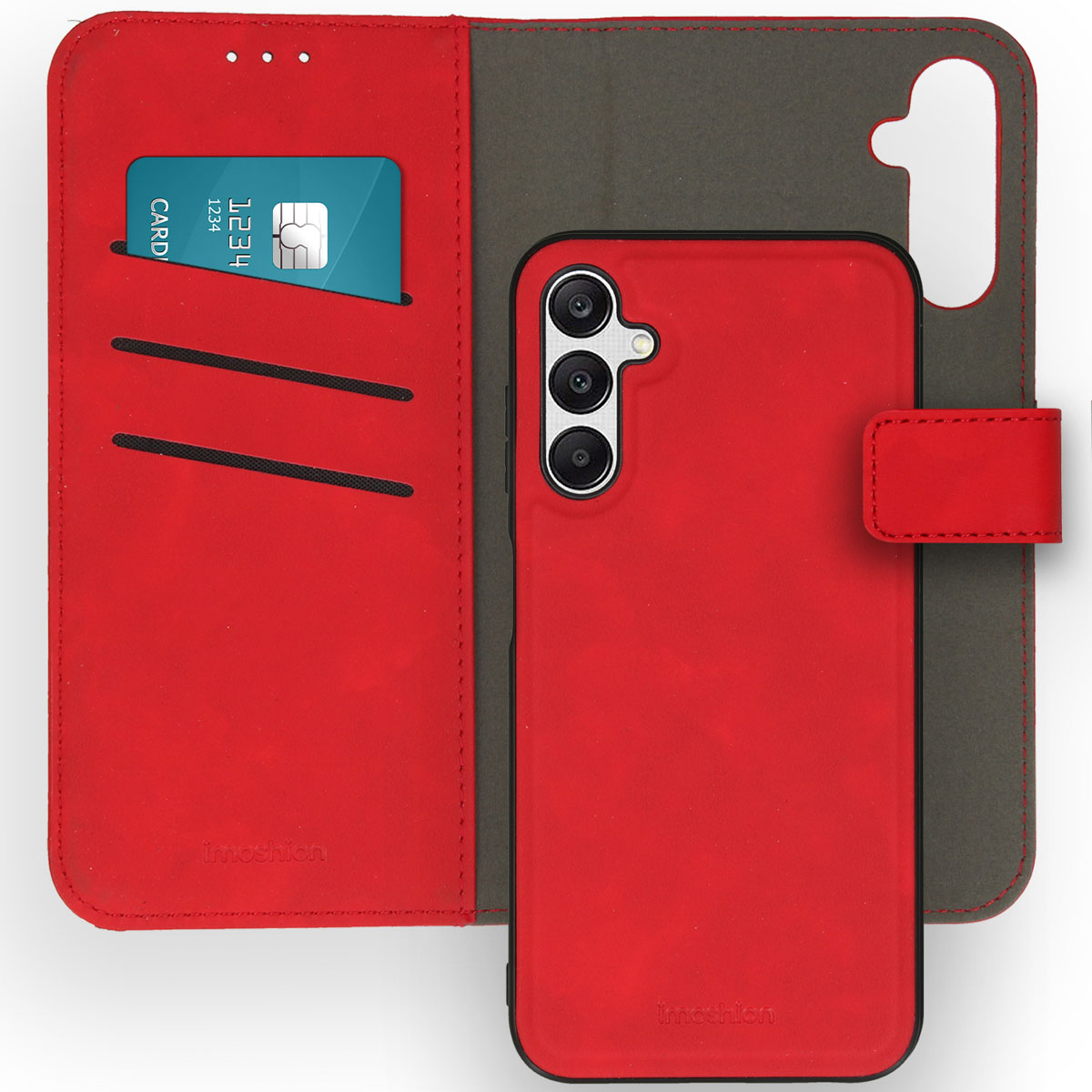 Een rode telefoonhoes met een open flap die een telefoon en een creditcard laat zien. Tekst: De telefoon staat in het midden.