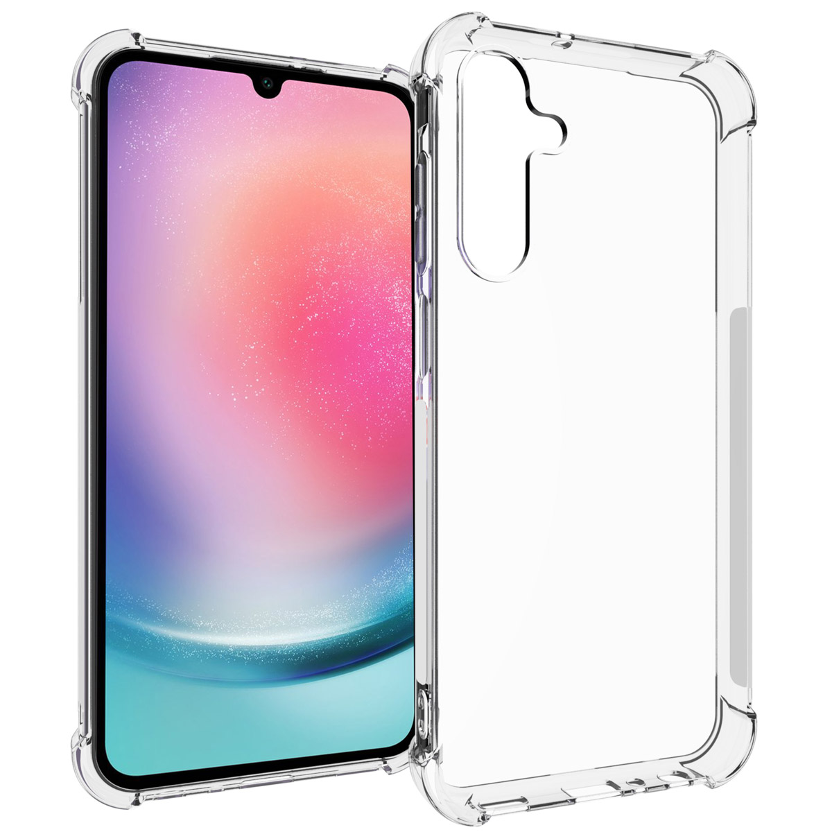 Transparant telefoonhoesje met telefoon erin. De telefoon is roze en blauw.
