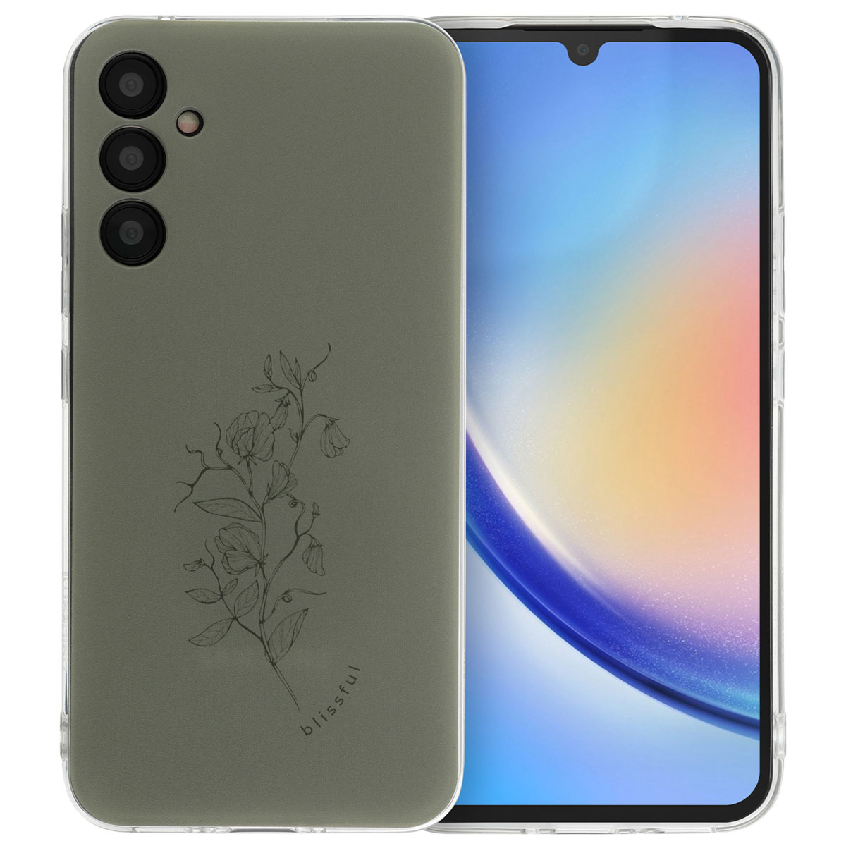 Olijfkleurige telefoonhoes met bloemenontwerp. Telefoon rechts, met doorzichtige hoes.