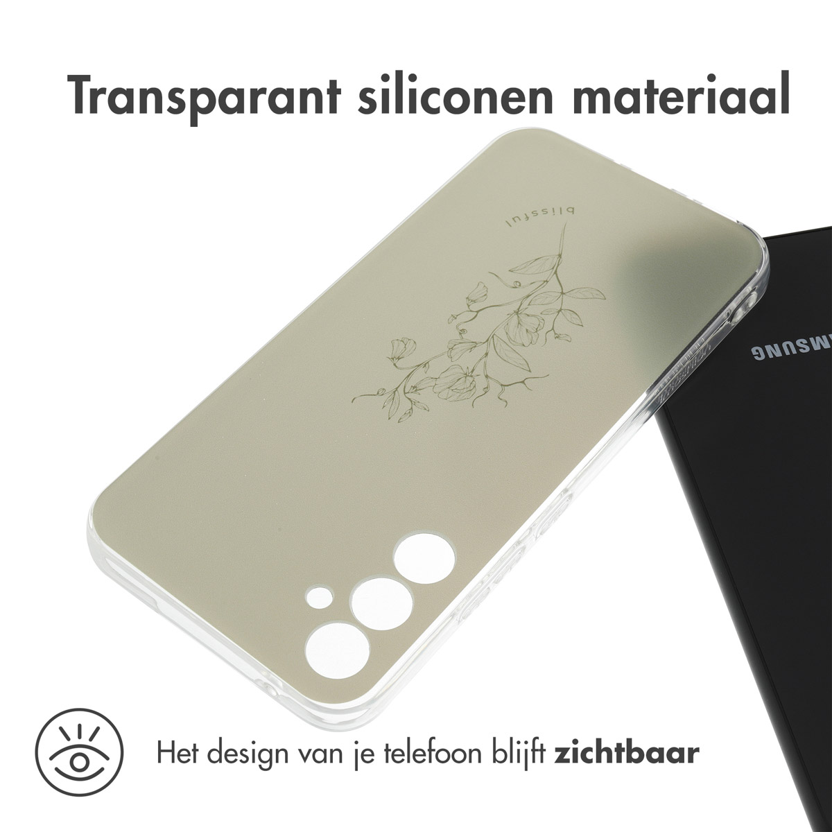 Een transparante telefoonhoes met een bloemenontwerp. Tekst: Transparant siliconen materiaal. Het ontwerp is zichtbaar.