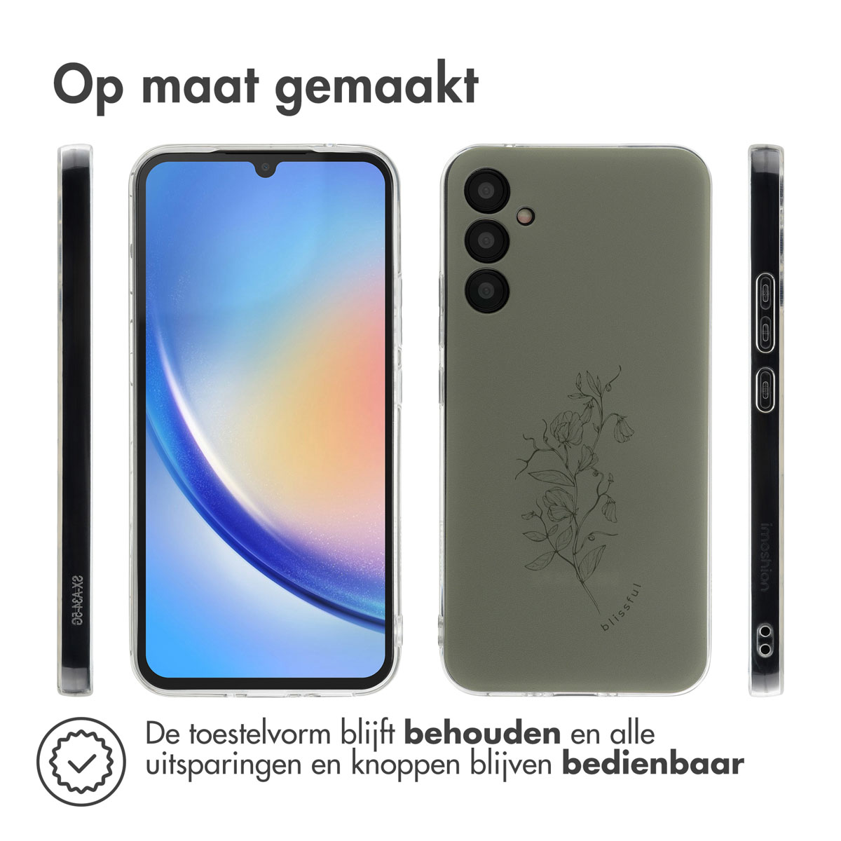 Telefoon in een hoesje met een bloemenpatroon. De telefoon is omringd door de hoes. Tekst luidt, behoudt vorm.