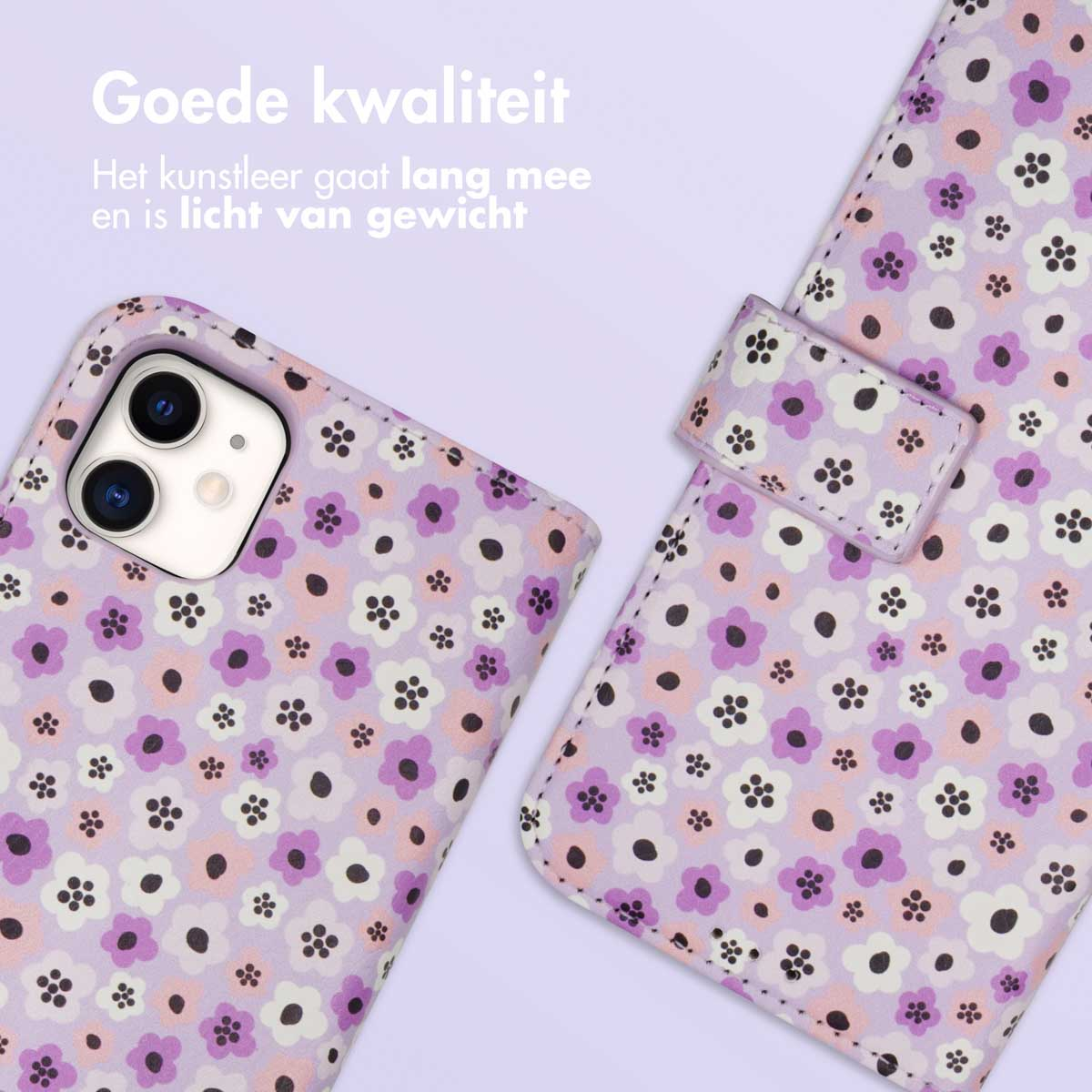 Nahaufnahme einer lila Handyhülle mit Blumenmuster, die die offene Hülle und den Handyhalter zeigt, mit Text darüber.
