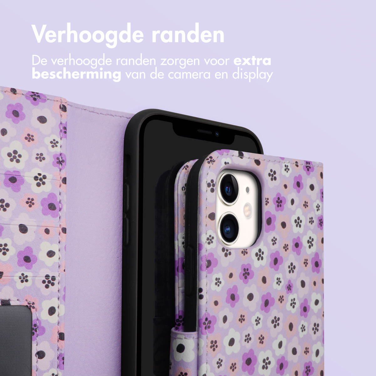 Ein Telefon befindet sich in einer lila Handyhülle mit Blumenmuster, wobei die Hülle geöffnet ist. Das Telefon hat einen schwarzen Bildschirm.