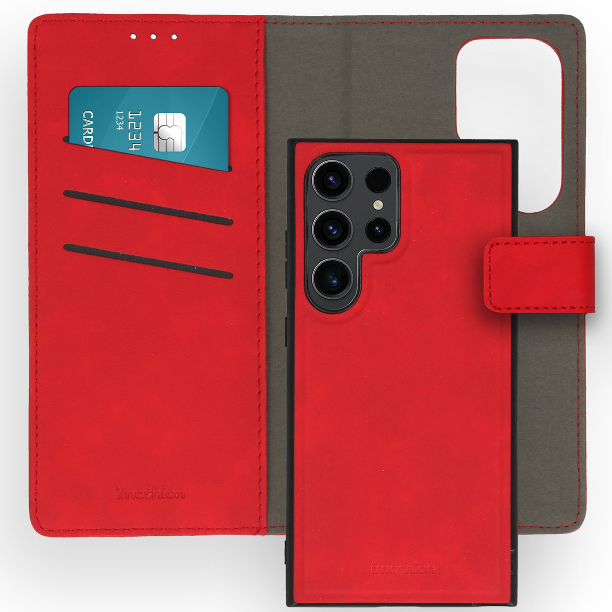 Rode telefoonhoes open. Binnenkant: Creditcard en contant geld. De telefoon is rood.