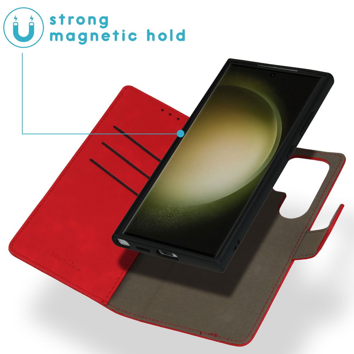 Rode telefoonhoes, open met telefoon. Sterke magnetische sluiting, rode cover. Telefoon rechts, open links.