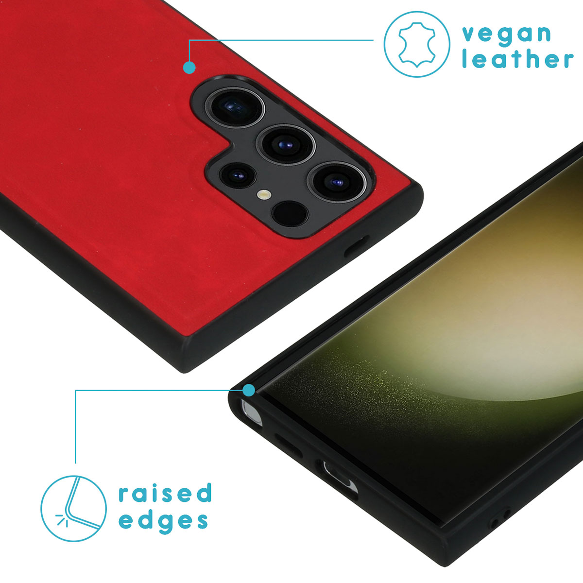 Een rode telefoonhoes met een zwart frame en verhoogde randen. Tekst: Verhoogde randen en veganistisch leer.